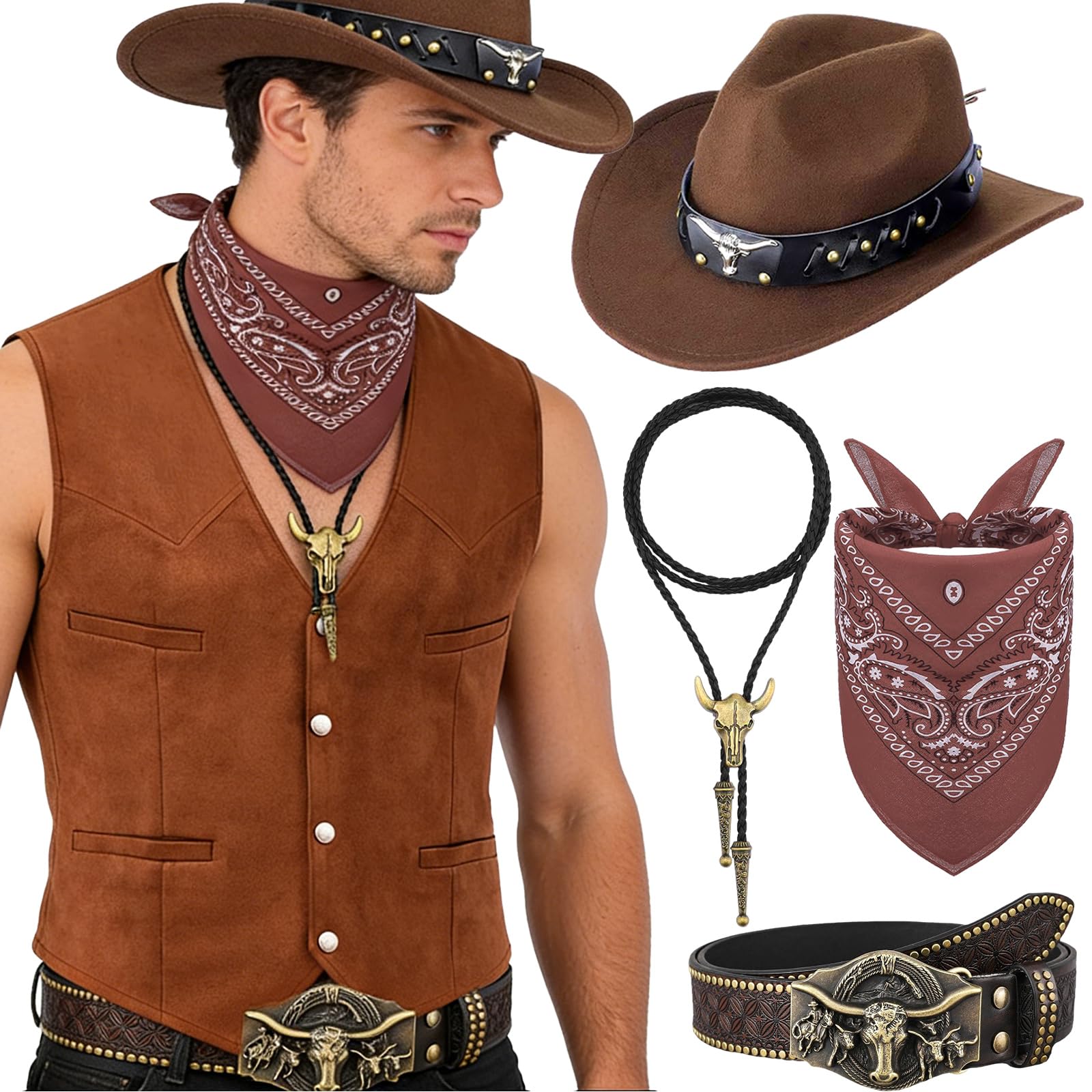 Wynlora 5Pcs Men’s Cowboy Outfits Set,Western Cowboy Fancy Dress with Waistcoat Wide Brim Hat Belt Paisley Bandanna Bull Head Necklace Wild Western Accessories for Adult Cosplay (Dark Brown, XL) — image 1
