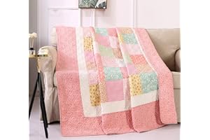 KINBEDY 100% Cotton Quilts Twin Size Pink Floral Patchwork Bed Quilt Reversible Quilted Blankets Coverlets Bed Throws for Couch Sofa, 60"x80"