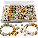 Kovict 117Pcs 12mm 15mm Silicone Beads for Keychain Making,Floral Print Round Hexagon Print 10mm Rondelle Rhinestone Spacer Lentil Silicone Beads for Pens