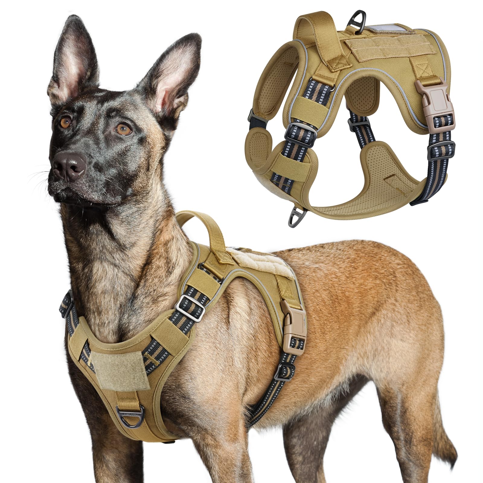 rabbitgoo Dog Harness Large Dog No Pull, Tactical Adjustable Pet Harness with Molle Panel, Breathable Military Vest, Reflective Walking Vest with Easy Control Handle for Training Walking, Brown, L