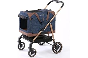 Petseek Large Cat Stroller Soft Sided, Portable Small Dog Carrier for 2 Cats, 24"x16.5"x16" Car Travel Folding with Curtain(Navy-Gold)