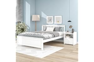 AOCOROE Bedroom Furniture Set with 1 Full Beds Frame & 1 Nightstand, for Boys Girls, Kids Full Beds Platform Bed Frame with Headboard & Footboard, Nightstand with 2 Open Shelves & Storage Drawer, White