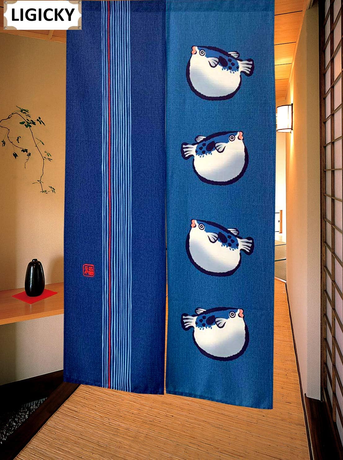 LIGICKY Japanese Style Doorway Curtains Traditional Noren Long Door Tapestry for Home Decoration 33.5 x 59 inch, Blue (Puffer Fish) - Image 3