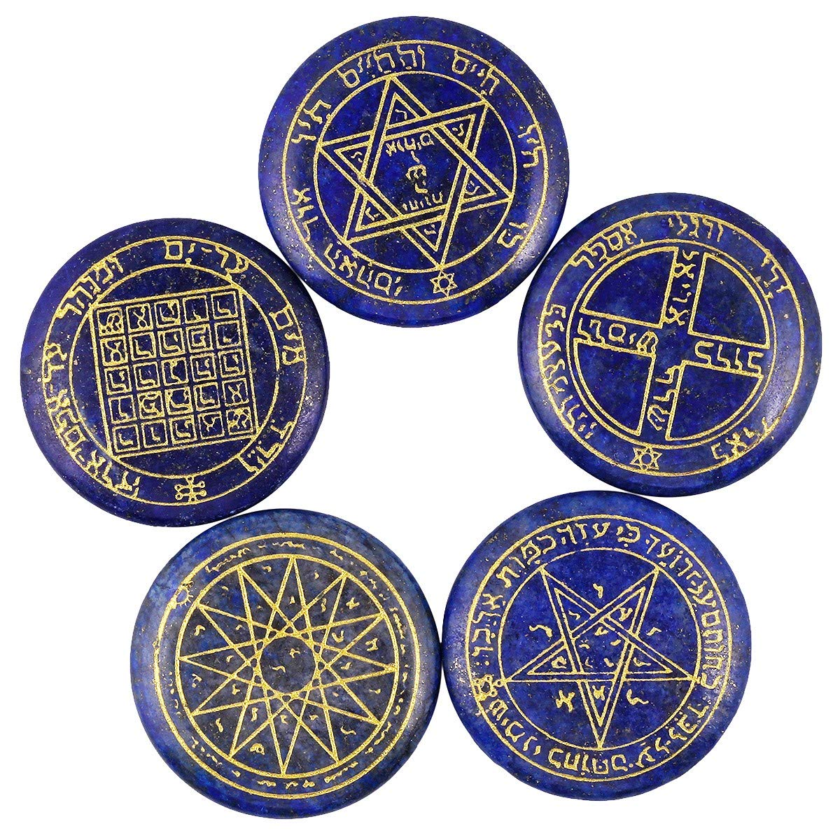 rockcloud Healing Crystal Lapis Lazuli Solomon Symbol Witches Rune Set Chakra Stones Palm Stone Reiki Balancing, 5 Pcs