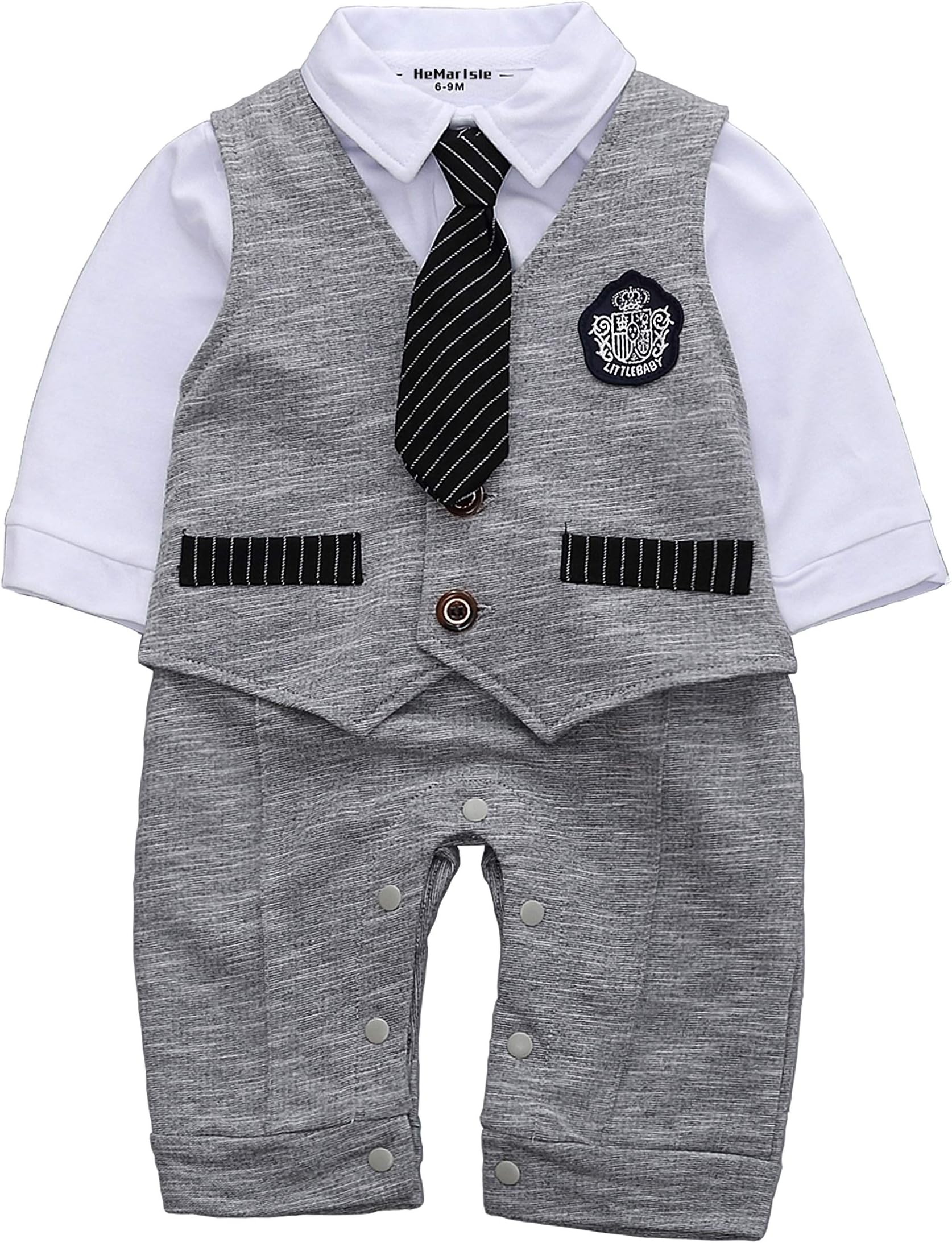 HMD Baby Boy Long Sleeve Gentleman White Shirt Waistcoat Bowtie Tuxedo Onesie Jumpsuit Overall Romper