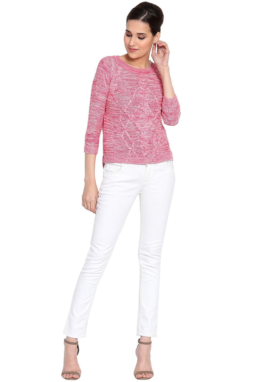 boxymoxy pink mix three-fourth sleeves cable sweater for girls & women