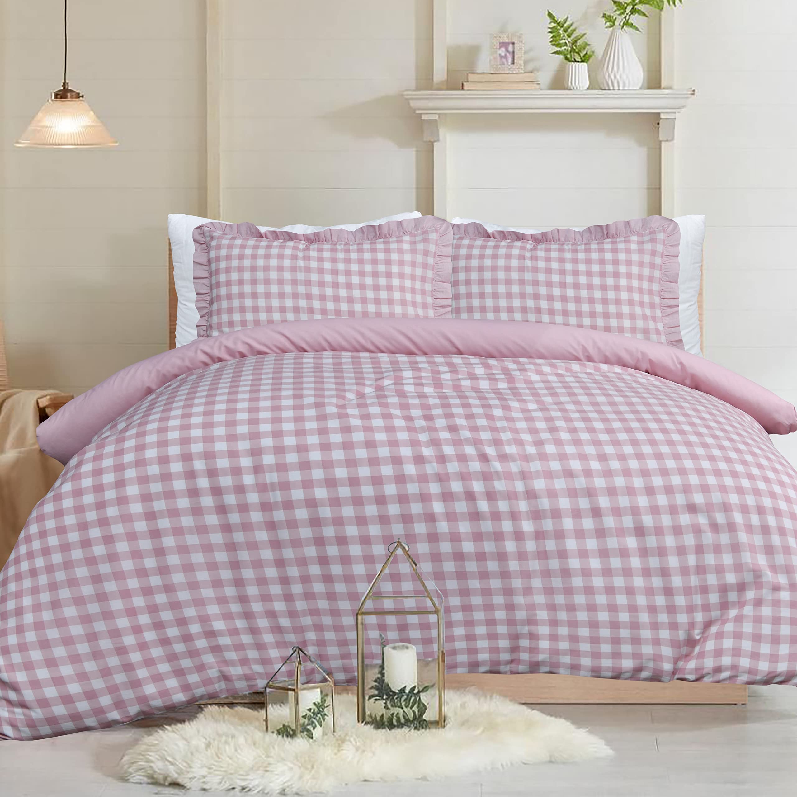 Sleepdown Gingham Check Blush Pink Plain Reverse Soft Easy Care Duvet Cover Quilt Bedding Set With Ruffle Edge Pillowcases - King (230cm x 220cm)