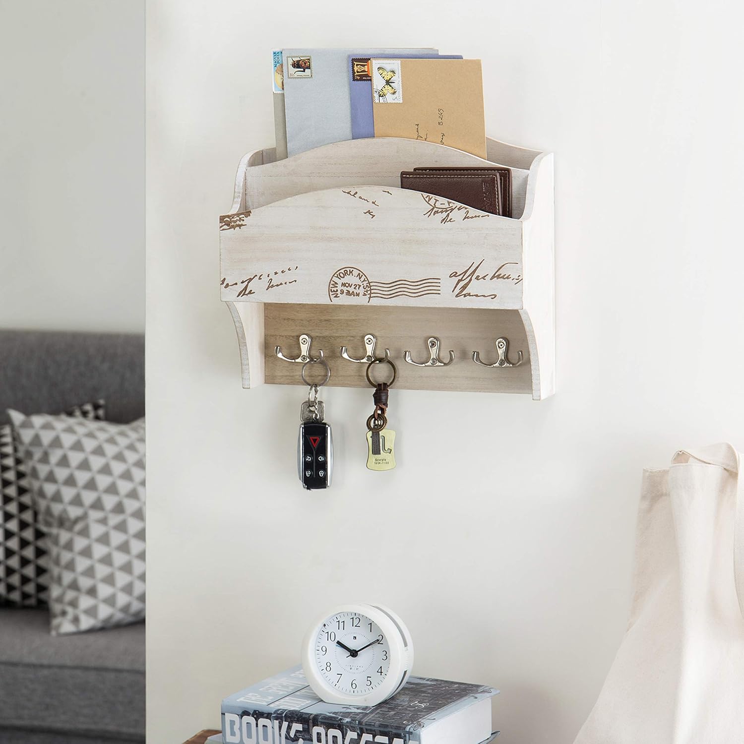 MyGift 2-Pocket Wall Mounted Shabby Beige Wood Mail Sorter with Key Hooks : Office Products