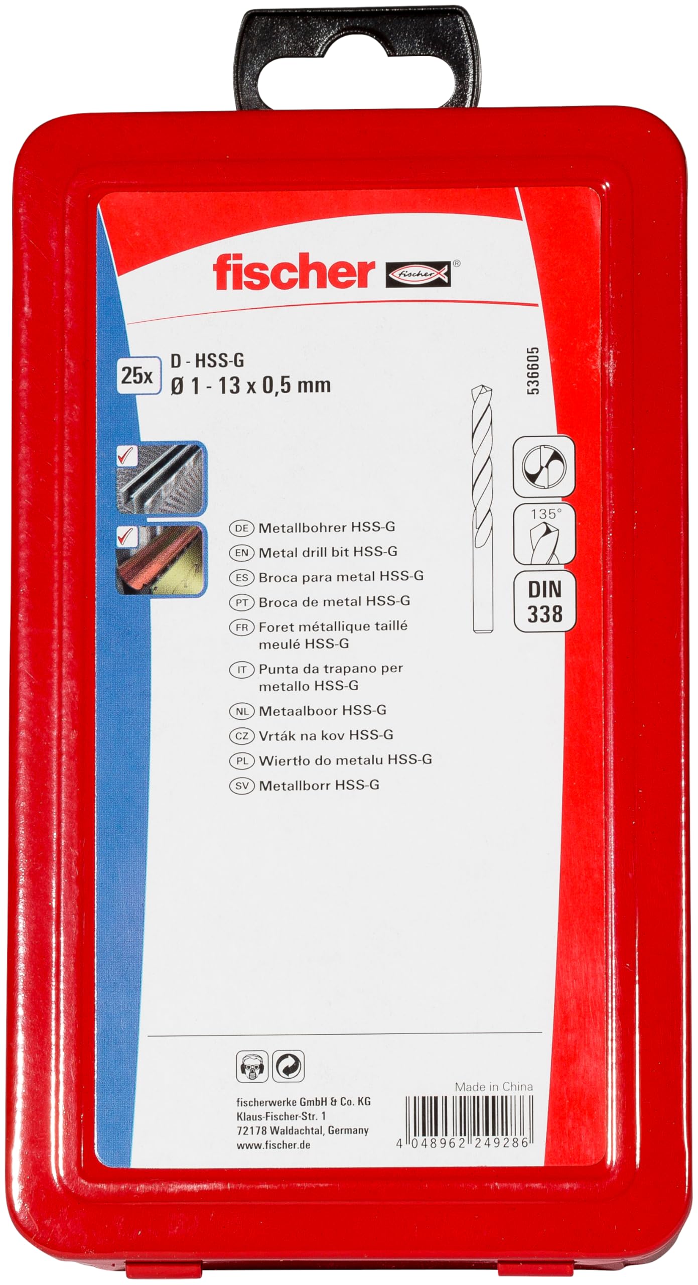 fischer Metal Drill Bit Set, 1-13 mm, 25-Piece, HSS Steel, Spiral Drill Bits for Metal & Non-ferrous Metal