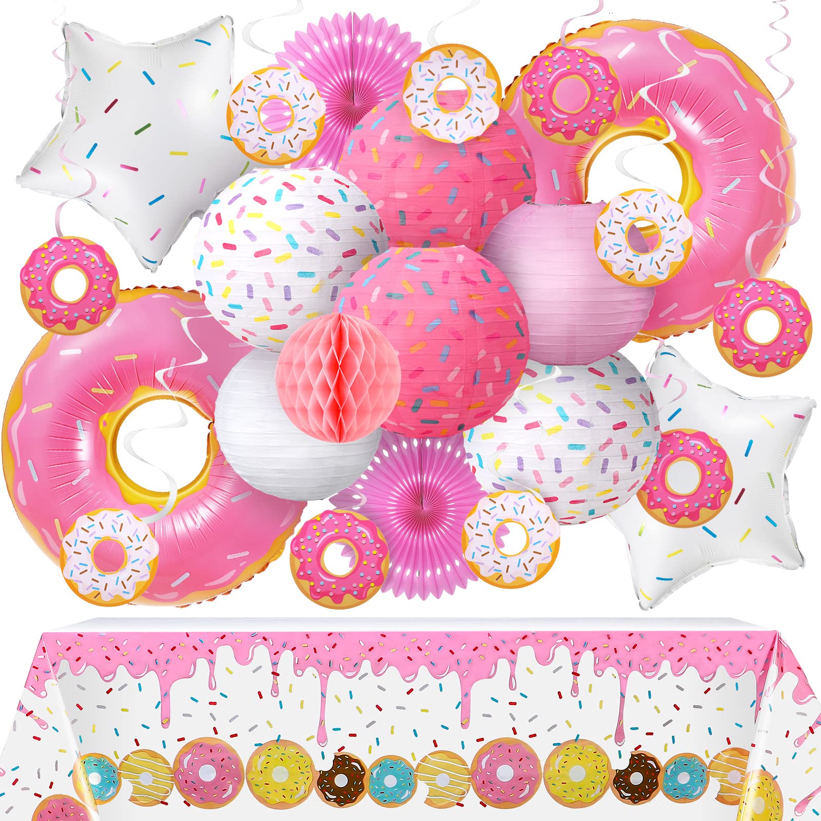 Photo 1 of 24 Pcs Donut Birthday Party Decorations - Theme Table Cover, 8 Paper Lanterns, Honeycomb Ball, 2 Paper Fans, 10 Hanging Swirls, 4 Balloons Garland for Baby Shower