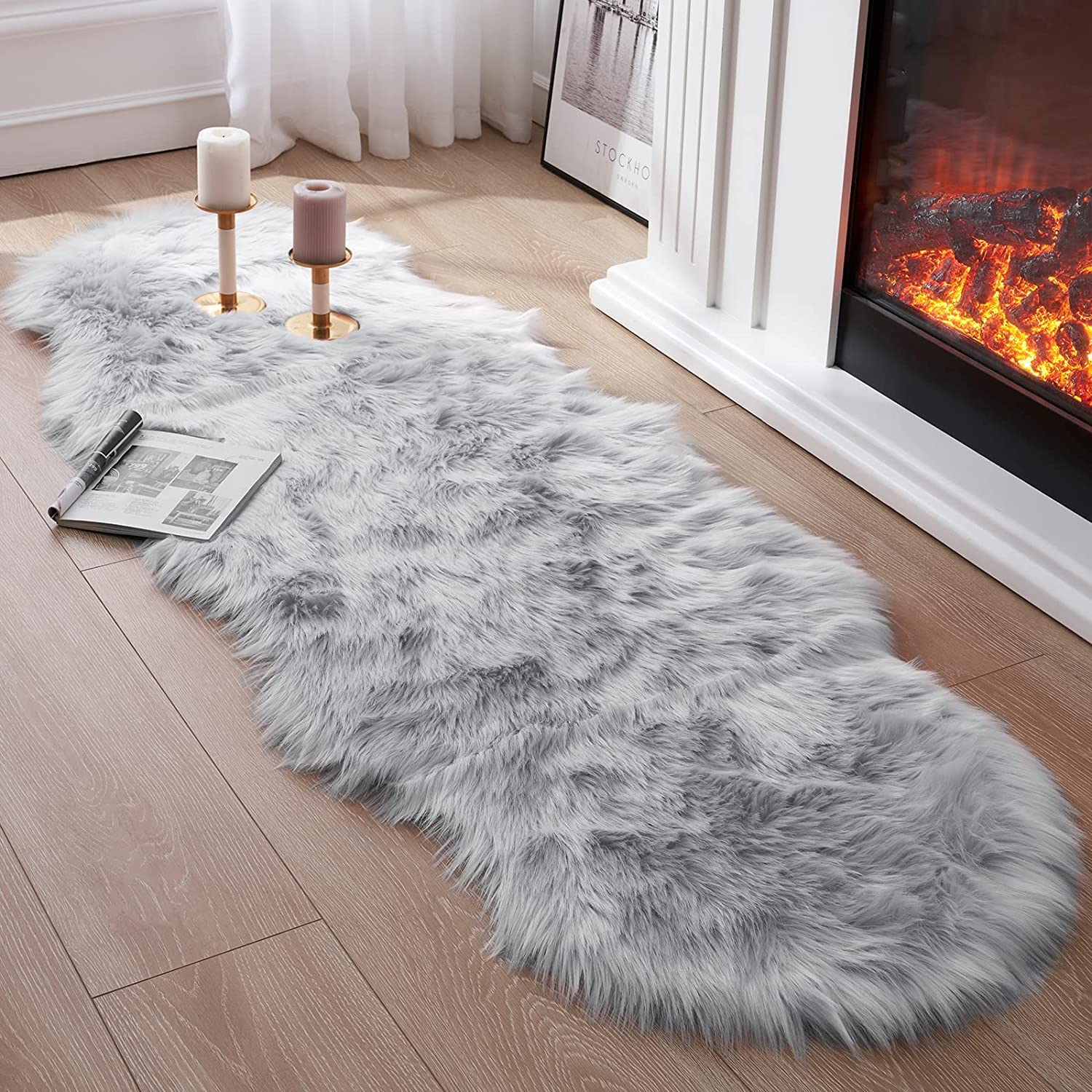 JXLOULAN Fluffy Sheepskin Grey Rug 60 x 160 cm Faux Fur Area Rugs for Bedroom Decor Rugs Living Room Chair Sofa