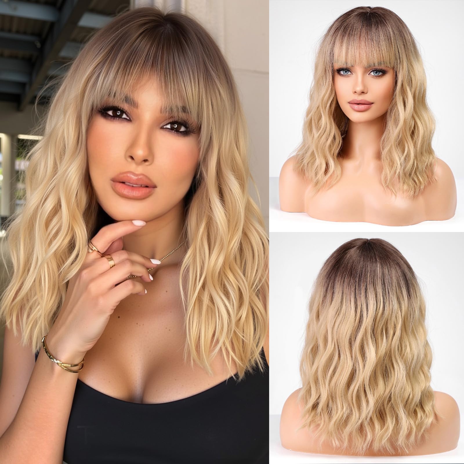 WOKESTAR Bob Wigs With Neat Fringe, Wavy Synthetic Wigs for Women Blonde with Dark Roots Color — image 1