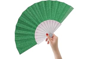 HeyToo Glitter Women Handheld Fan with Shining Transparent Fan Rib for Wedding,Church,Festival,Dance,Party Prom,Club,EDM Accessory Green