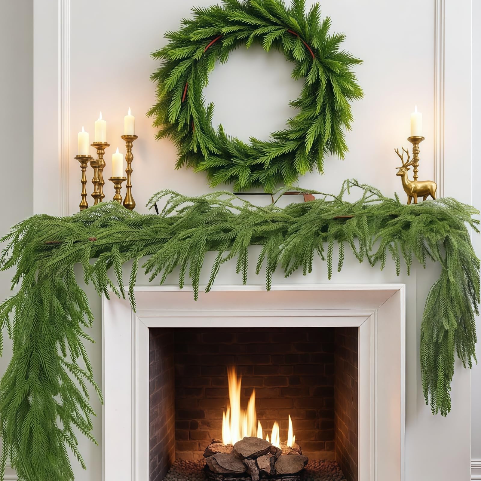 Photo 1 of 2 Pcs 9Ft Artificial Real Touch Norfolk Pine Garlands, Green Artificial Greenery Garland, Christmas Garland for Front Door Outside Table, Staircase, Banister, Mantle, Indoor, Outdoor Decorations