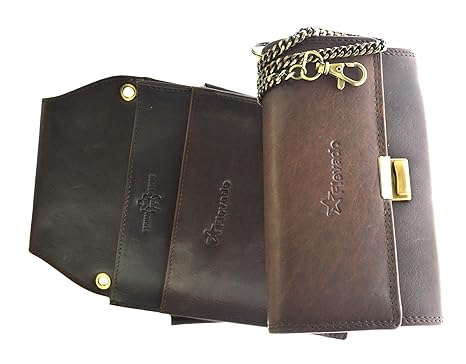 Vintage Kellner Börsen Set Wild Leder Bedienungsgeldbörse mit Colt/Halftertasche dunkelbraun mit Kette