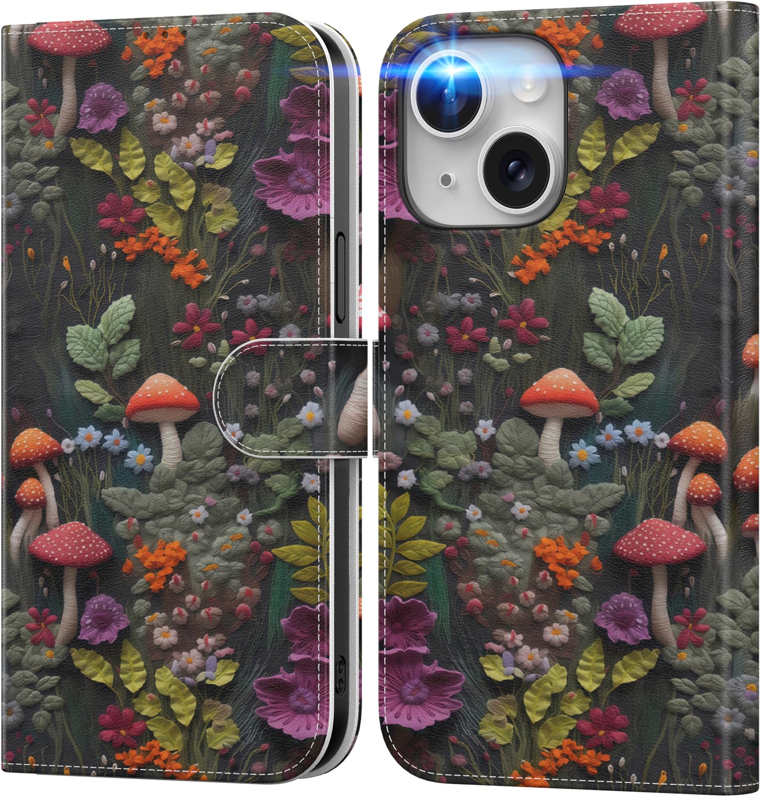 Photo 1 of DEENAKIN for iPhone 15 Plus Wallet Case with Card Holder + Cash Clip, RFID-Blocking, Military-Grade Protection & UV-Printed Artwork, Magnetic Closure with Leather Kickstand - Enchanted Woodland Motif