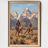 Vintage Cowboy Cowgirl Dinosaur Canvas Wall Art Funny Quirky Animal Poster Sci Fi Western Painting Vintage Mountain Landscape Print Funny Animal Pictures for Bedroom Wall Decor 16x24inch Unframed