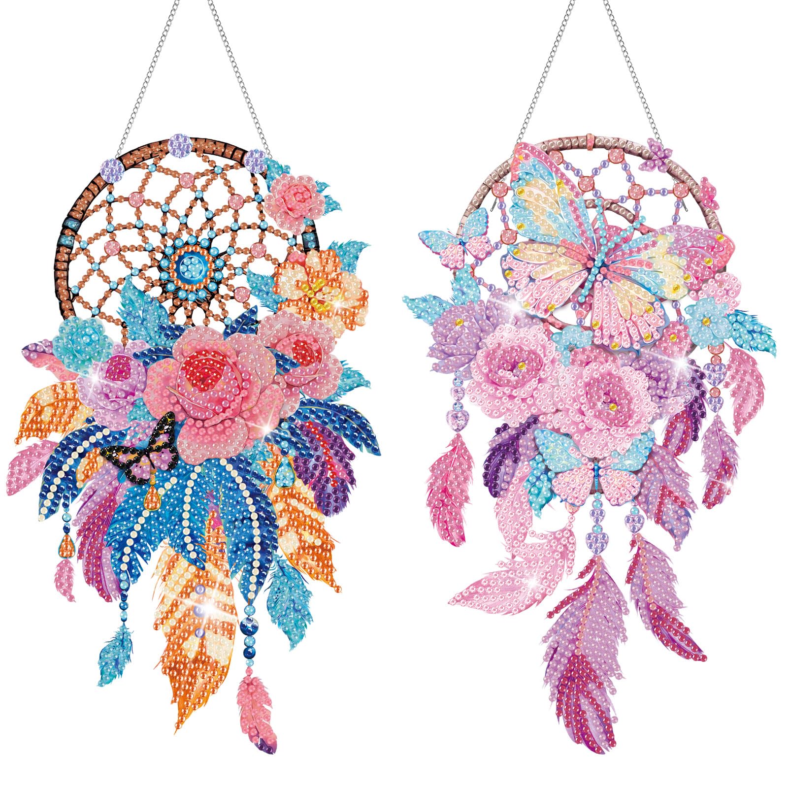 Photo 1 of Saillong 2 Pcs Dream Catcher Diamond Art Painting Kits for Adults DIY Summer Butterfly Flower Suncatcher Hanging Diamond Painting Art Wind Chime Hanging for Home Window Door Decor(Flower)