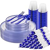 SUT 175 Pcs Blue and Clear Plastic Dinnerware Set for 25 Guests, Include: 25 Dinner Plates, 25 Dessert Plates, 25 Pre Rolled Napkins With Silverware, 25 Cups, Disposable Plates for Party, Wedding