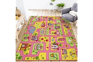 VSIWB Kids Car Rug for Playroom 6.6'x5' Large Kids Carpet Pink Play Mat Non Slip Educational Road Traffic Car Mat for Girls Children Bedroom Toddler Nursery Room Classroom Daycare