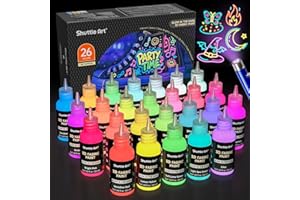 Shuttle Art Glow in the Dark Paint, 26 Colors 3D Fabric Paint with 1 Mini UV Light 3 Brushes, Great for T-Shirts, Shoes, Jeans, Bags, DIY Projects, Pumpkins, and Halloween Decorations