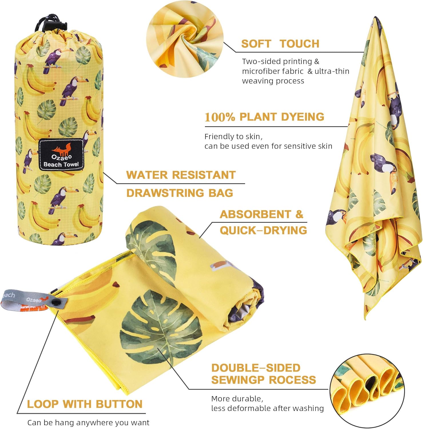 Ozaeo Microfiber Travel Towel, Fast Drying Beach Towel, Super Absorbent, Lightweight, Sand Free, Compact Camping Towel for Swimming, Hiking, Gym, Yoga Banana-Yellow : Sports & Outdoors