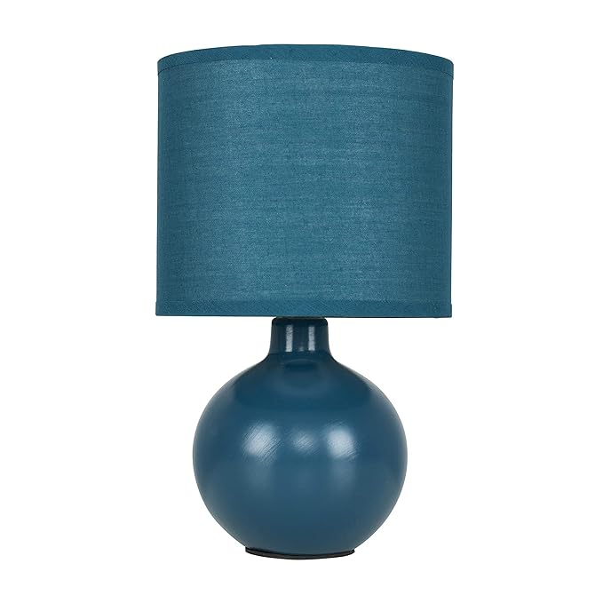 Modern Navy Blue Ceramic Round Table Lamp with a Matching Fabric Shade