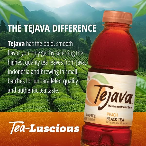 TEJAVA UNSWEETENED PEACH ICED TEA, 16.9 OUNCE PET BOTTLES, NATURAL, NON-GMO-VERIFIED, RAINFOREST ALLIANCE-CERTIFIED (12 PACK)