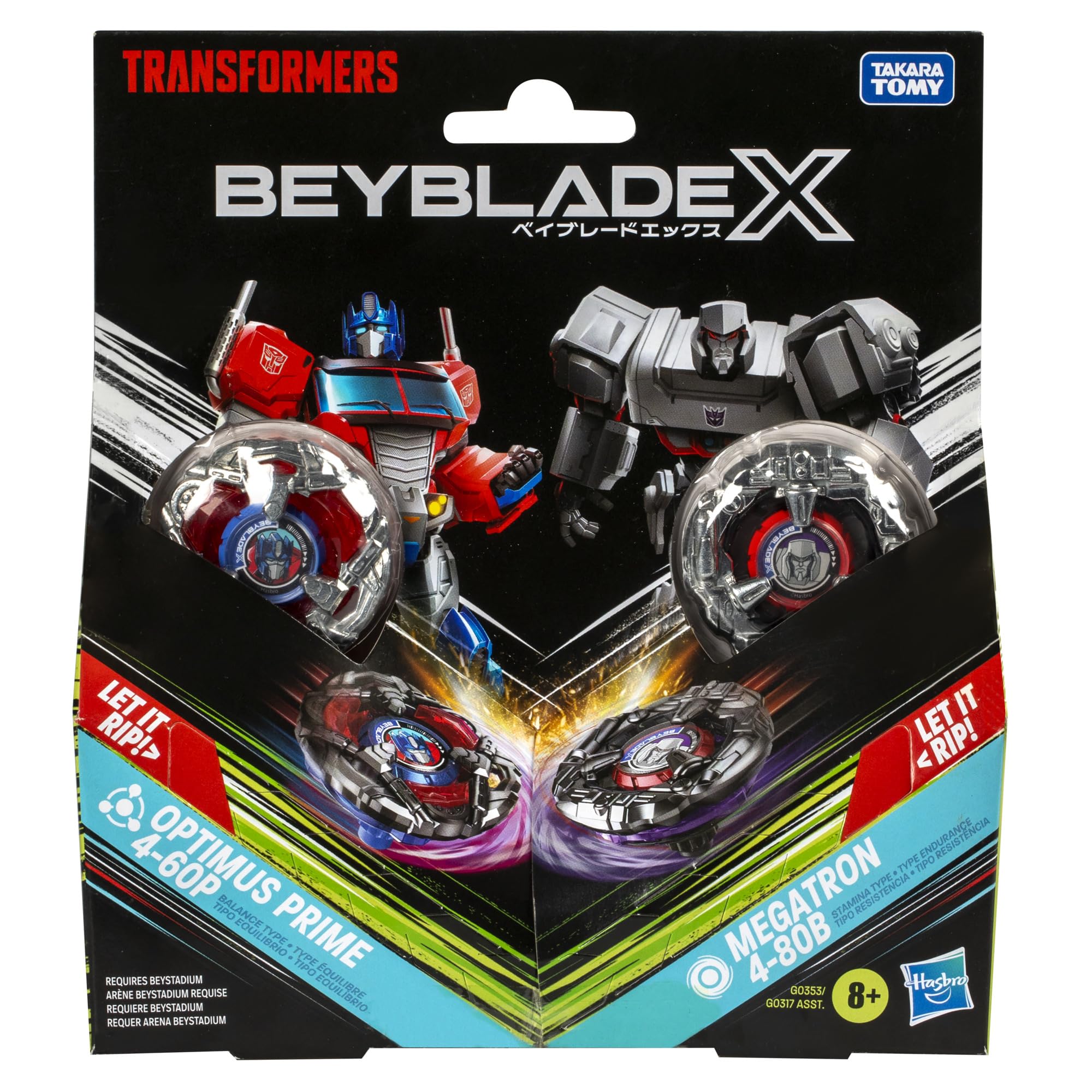 Beyblade X Transformers Collab Optimus Prime 4-60P vs. Megatron 4-80B Multipack Set with 2 Tops & 2 launchers; Battling Top Toys for 8 Year Old Boys & Girls (Amazon Exclusive)