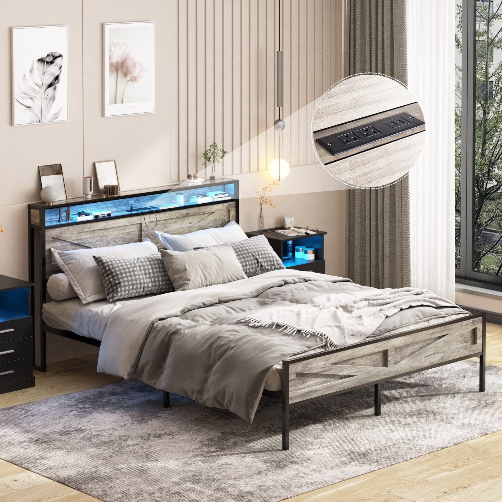 Photo 1 of Halitaa LED Queen Size Bed Frame with Charging Station, Platform Metal Bed with Headboard Storage & USB Ports Outlets, Farmhouse Bed Frame with Lights for Bedroom, Noise Free, Wash Grey (Queen)