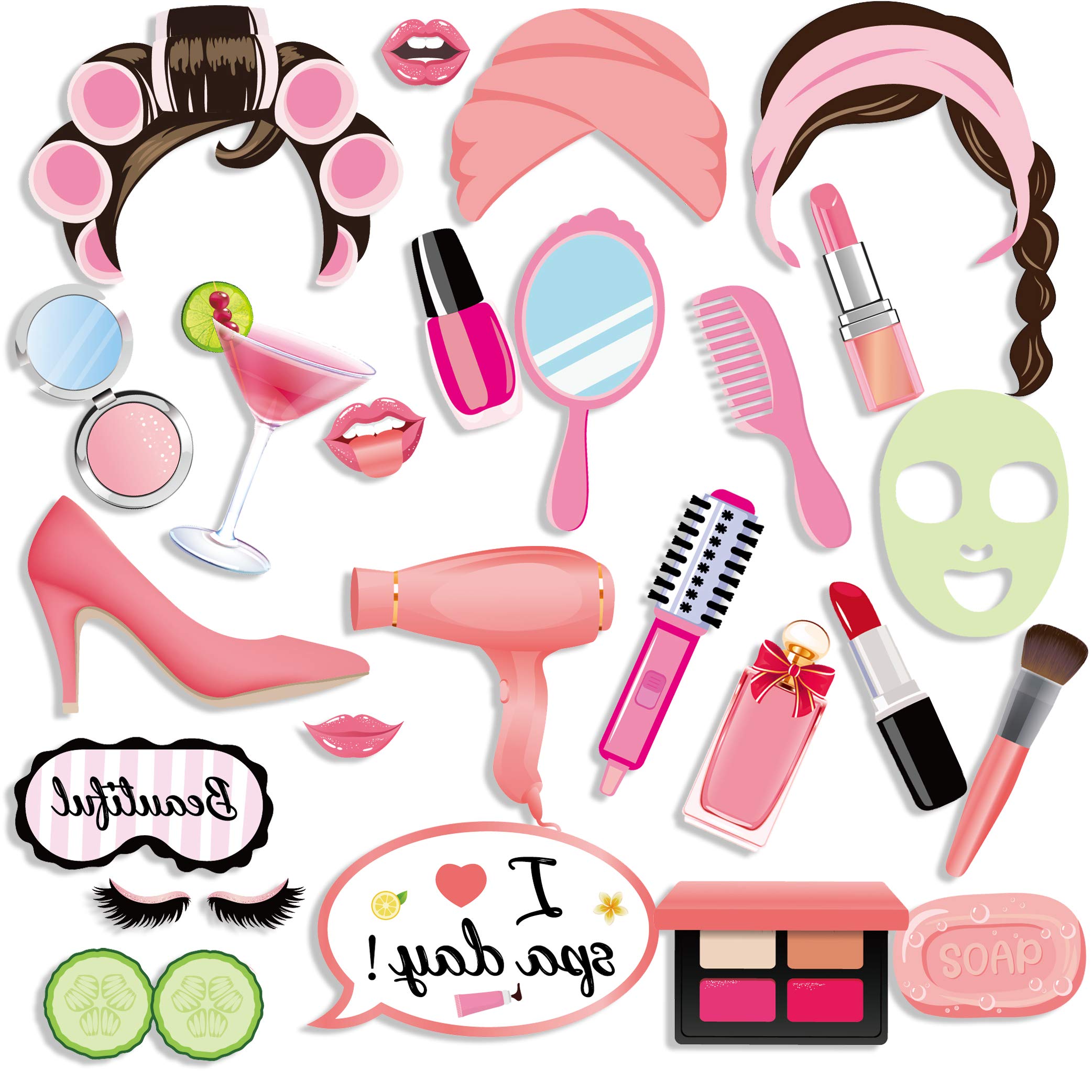 Spa Day Photo Booth Props(25Count),Qpout Spa Theme Party Photo Props with Stick Funny girls Makeup Selfie Props Nail Girl Theme Decorations Make Up First Birthday Party Supplies