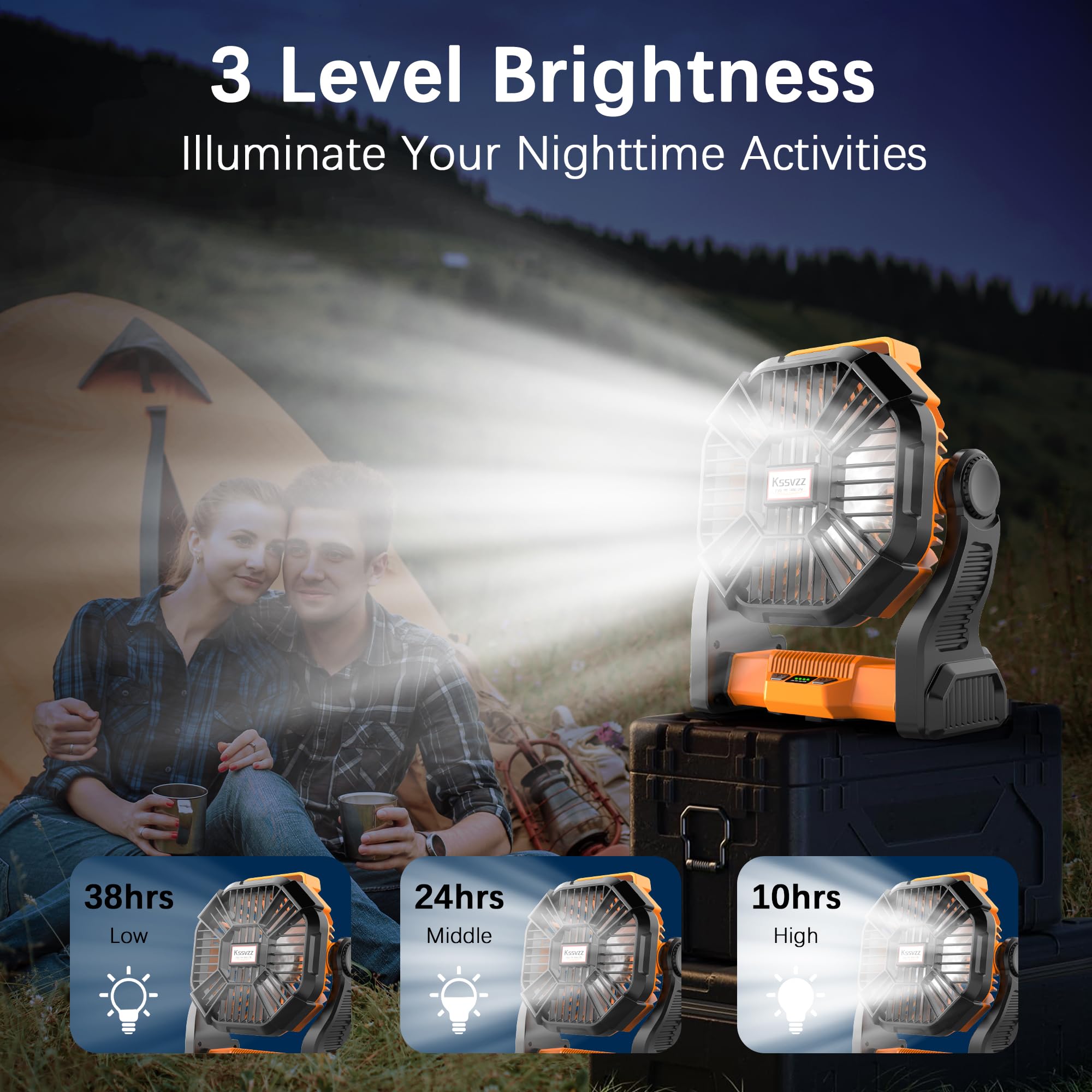 Portable Camping Fan Rechargeable with LED Lantern - 20000mAh Cordless Battery Powered Fan, 4 Speed Quiet USB Table Desk Fan, Battery Operated Tent Fan for Travel, Beach, Fishing, Home&Office (Orange)