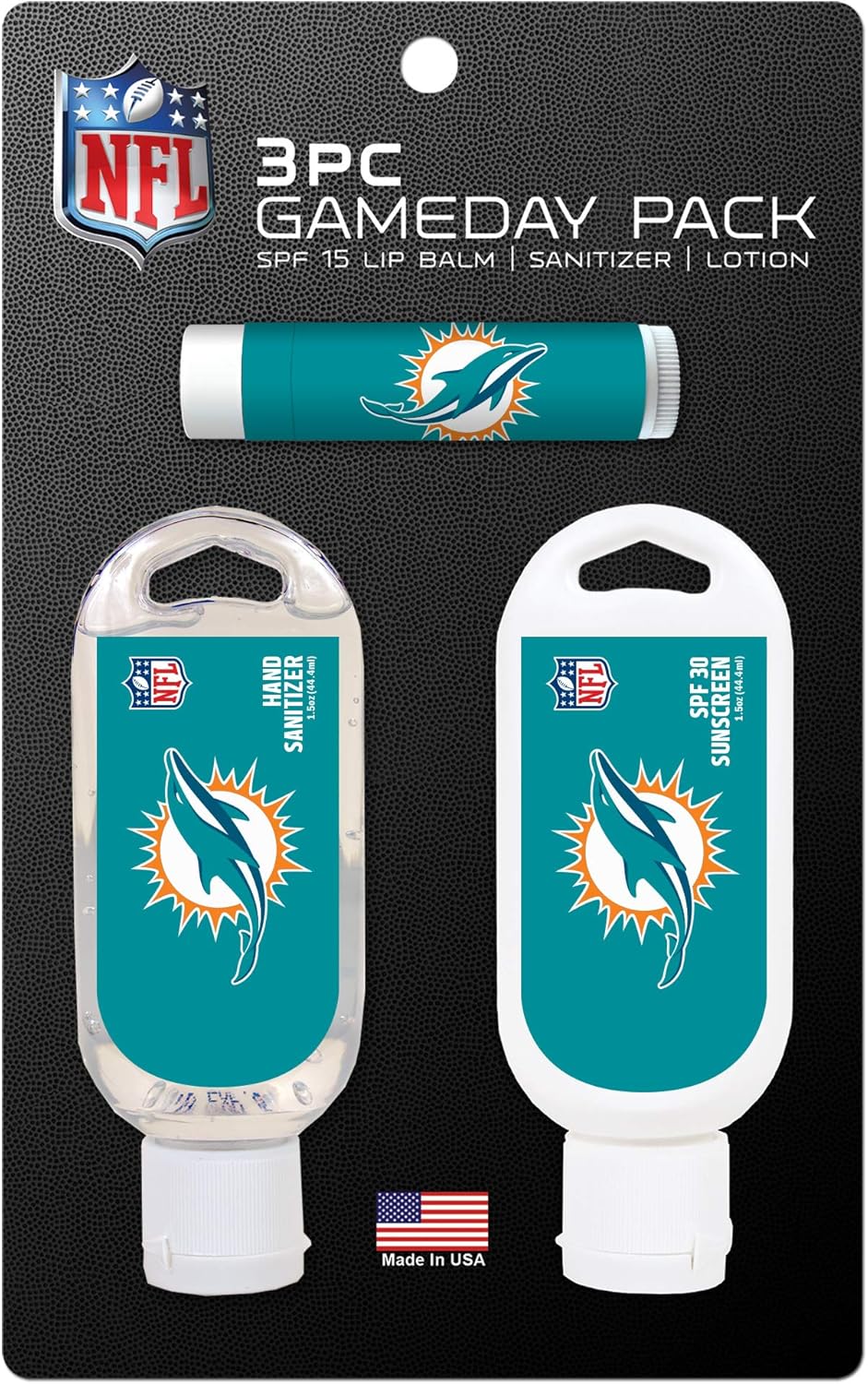 Worthy Promo NFL Miami Dolphins Game Day Pack Includes 1 Lip Balm, 1 Hand Sanitizer and 1 SPF Sunscreen (3-Piece), 8 x 5 x 1.5-Inch, White