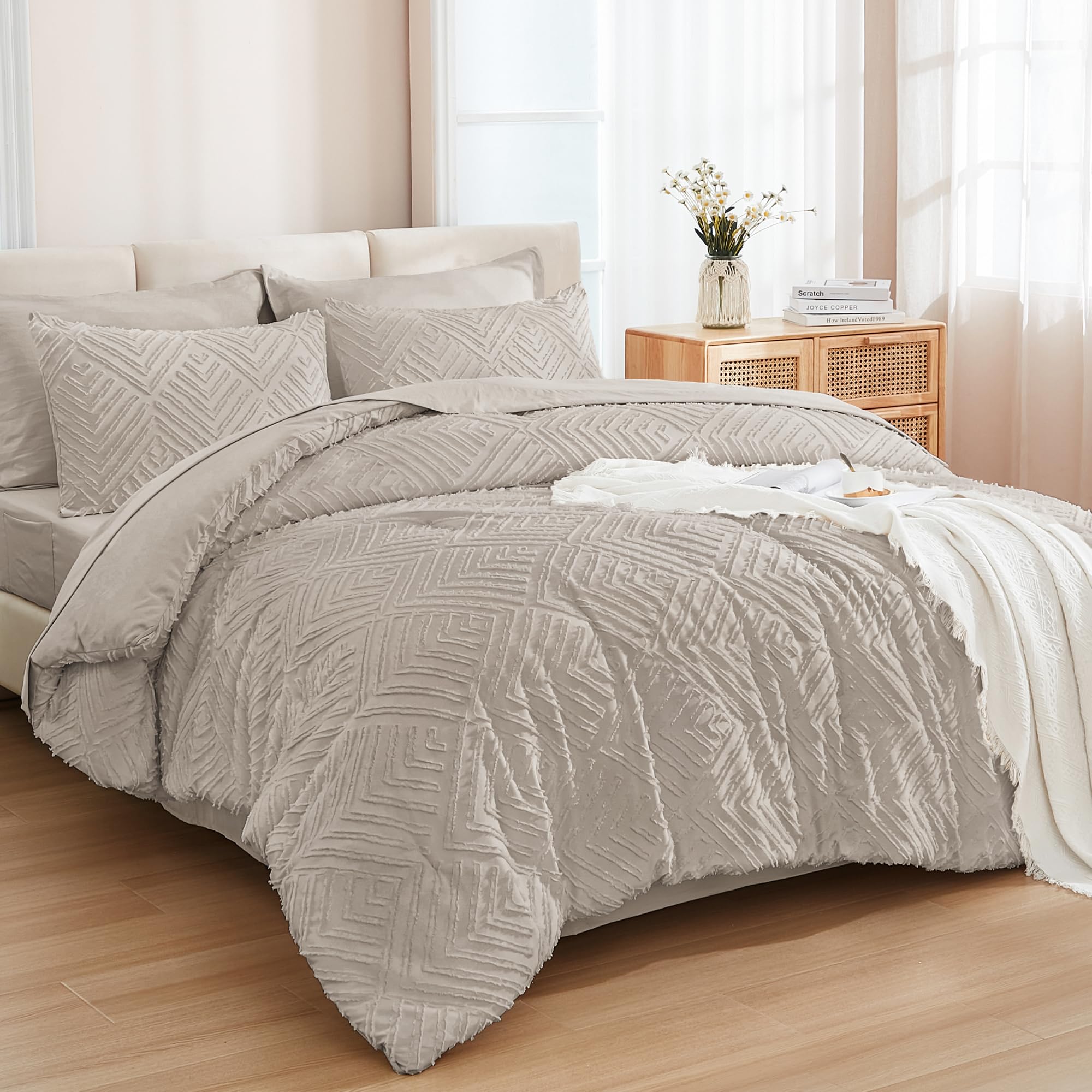 Andency Super King Plus Comforter Set Linen - 7 Pieces Bed in a Bag Oversized King Bedding Sets, Boho Tufted Lightweight Fluffy Bed Set with Comforter, Sheets, Pillowcases & Shams Image