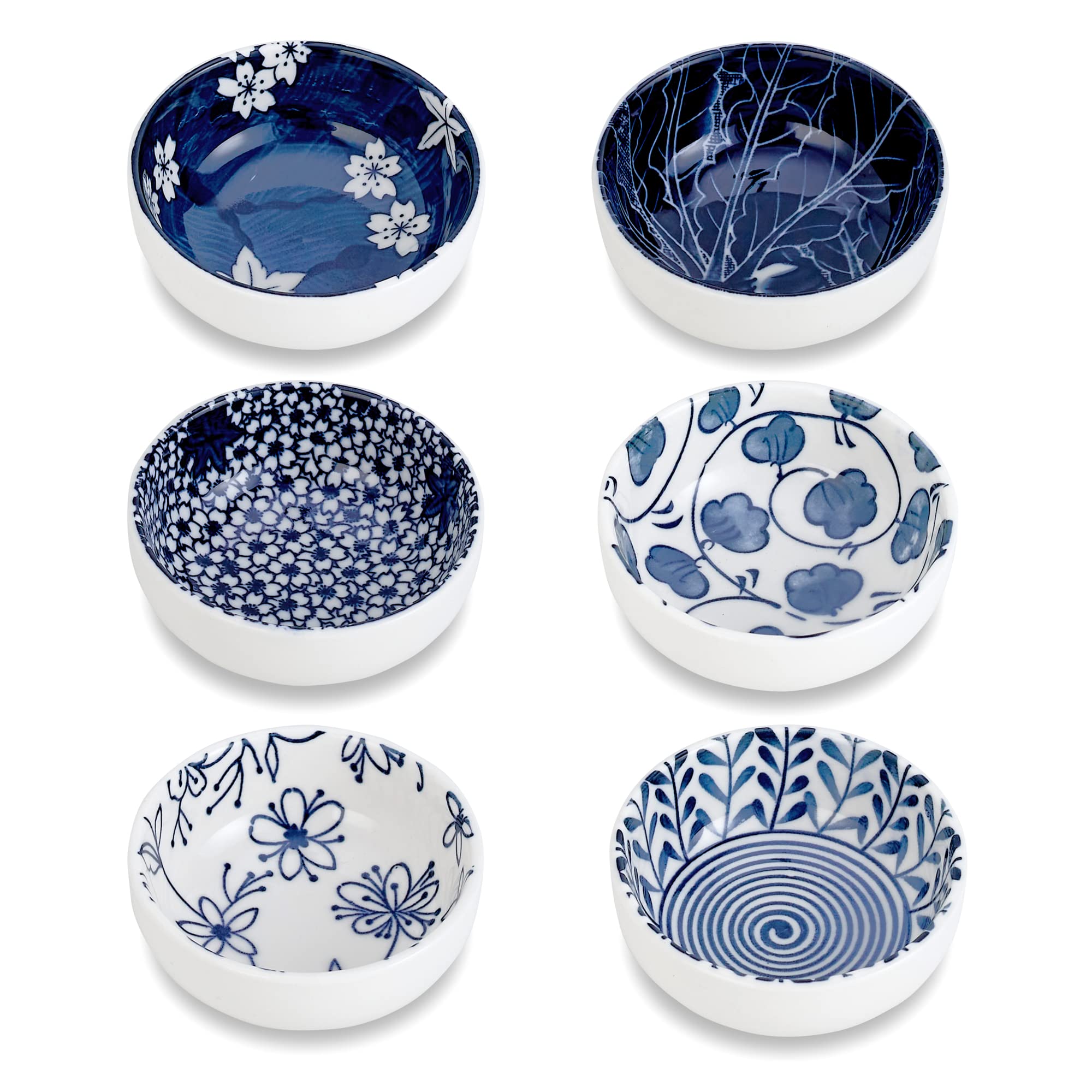Swuut Japanese Style Ceramic Dipping Bowls,3'' Small Pinch Bowls Set Side Sauce Cups,Dishes for Sushi,Snack and Soy,BBQ,2.5 Oz Blue and White Mini Bowl for Kitchen Prep - Set of 6 (3 inch)
