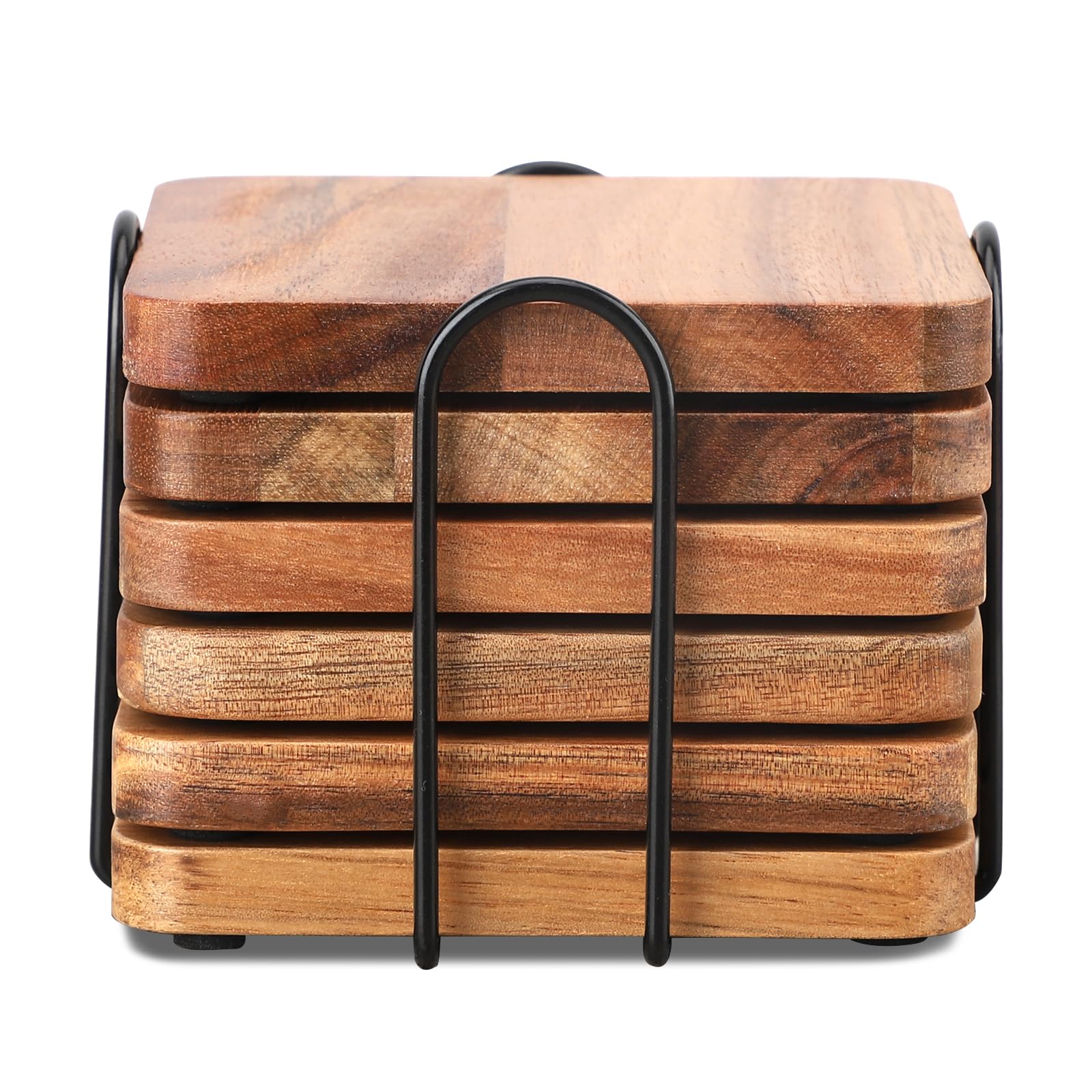 WLWNWFT Coasters Glasses Wood Set of 6 Coasters Made of Acacia Wood with Holder, Glass Coasters Wood Square, Wooden Coasters for Drinks, Bar, Cups, Glass, Drinks Coasters
