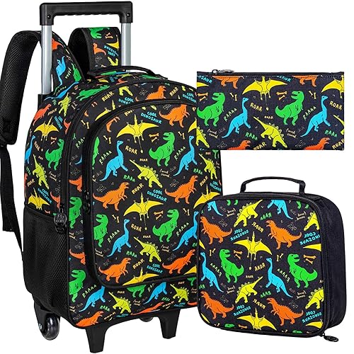 ZLYERT 3Pcs Dinosaur Rolling Backpack for Boys, Kids School