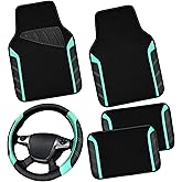 CAR PASS Leather Steering Wheel Cover and Waterproof Car Floor Mats,Microfiber Universal Car Combo Fit for 95% Sedan,SUV,Cars,14.5-15inch Sporty Anti-Slip Safety Comfortable Design(Black&Mint)