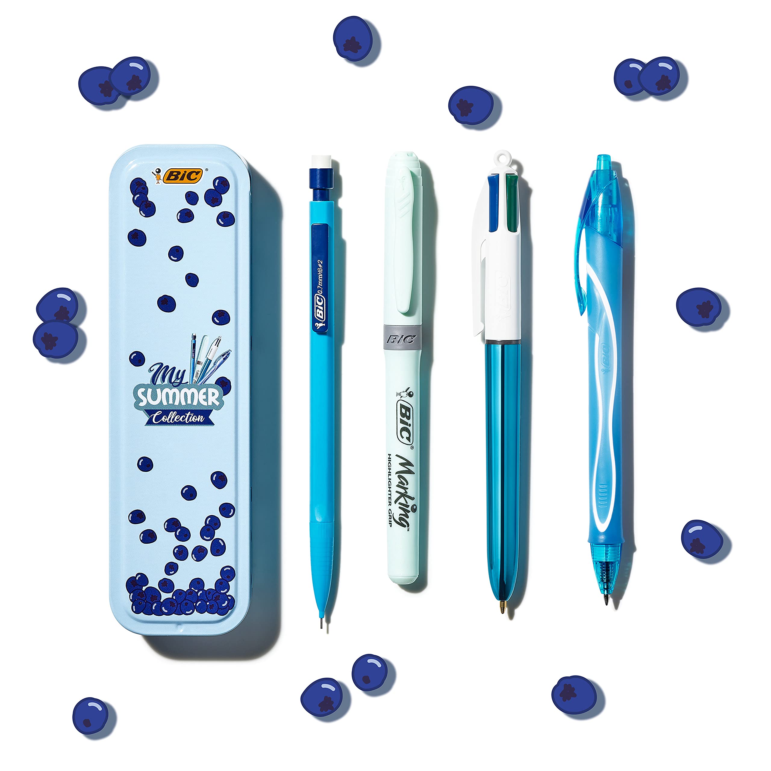 Bic Summer Blue Box: Gel Pen (0.7 mm), Mechanical Pencil, 4 Colour Ballpoint Pen (1 mm), Highlighter - Blue, Pack of 4