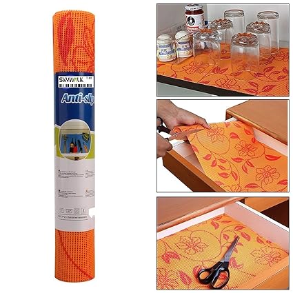 Skywalk PVC Flower Pattern Anti Slip Mat Shelf Liner Roll (Orange, 45x150 cm)