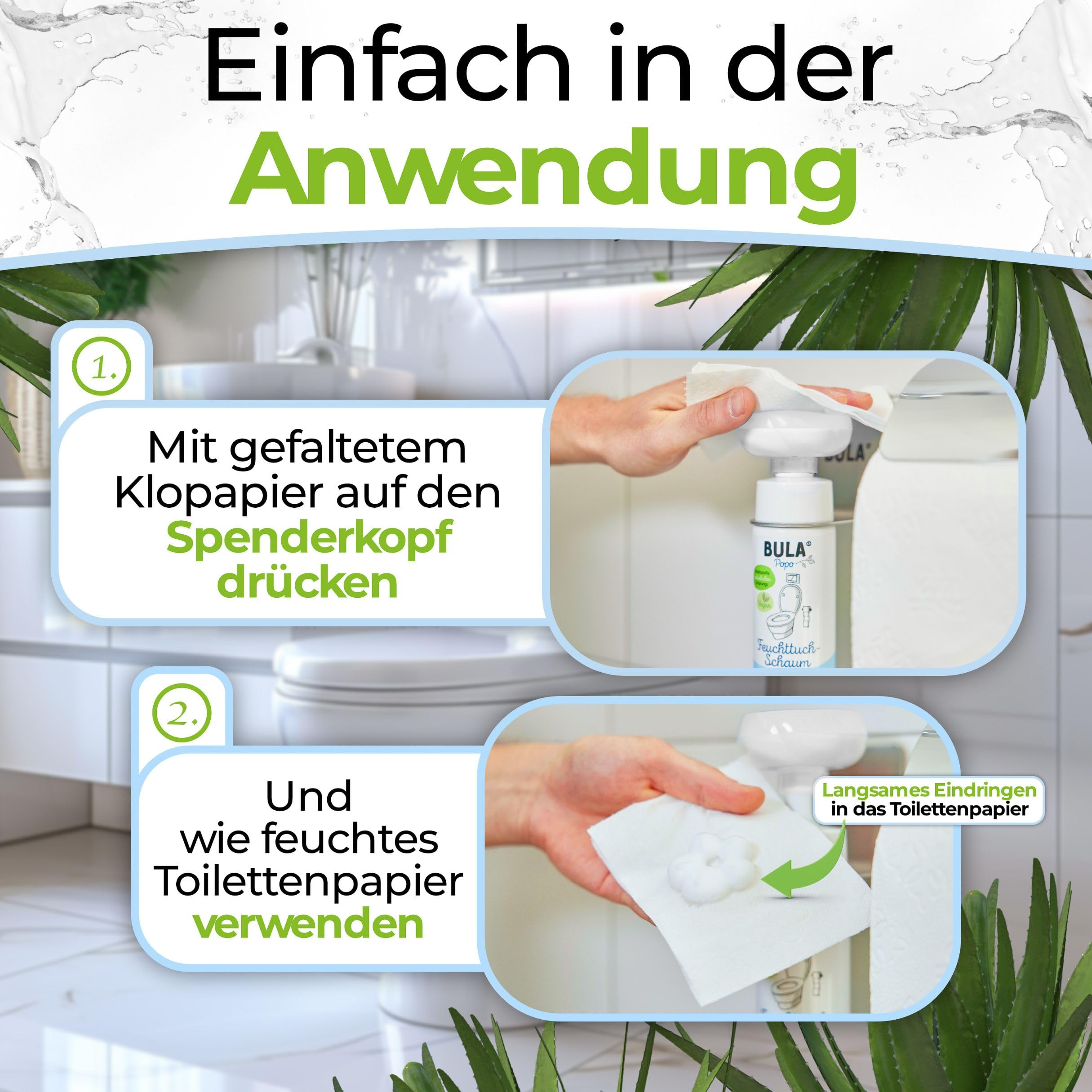 BULA® Popo Home Bundle | Feuchttuch-Schaum 150ml Flasche + Blumen-Schaumpumpe inkl. Edelstahl Halter | Popo Schaum als nachhaltige Alternative für (Baby u. Toiletten-) Feuchttücher | BULA Starterset 3