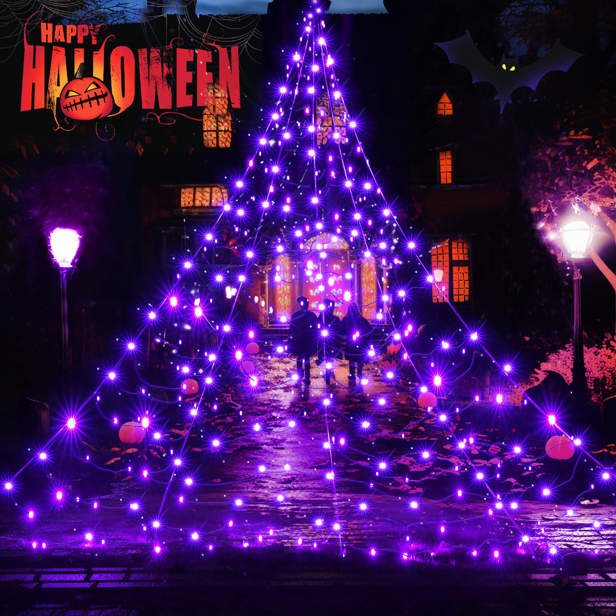 Photo 1 of BlcTec Halloween Decorations Giant Spider Web Lights, 19.7ft x 14.7ft Lighted White Spider Web with 250 LEDs, Sturdy Wire Halloween Web Lights with 8 Modes, Waterproof for Yard, Porch Decor (Purple)