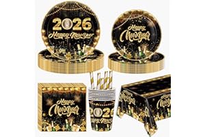 DISRUB 2026 Happy New Year Party Party Supplies-Complete Pack New Year Party Tableware Set Plates,Cups,Napkins,Straws Tablecl