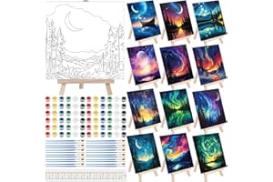 Tenceur 12 Sets Pre Drawn Canvas to Paint Kid Adult Stretched Coloring Painting Canvas Panels with Design Easel and Brushes for Party Supplies Beginner Favor (Starry Aurora)