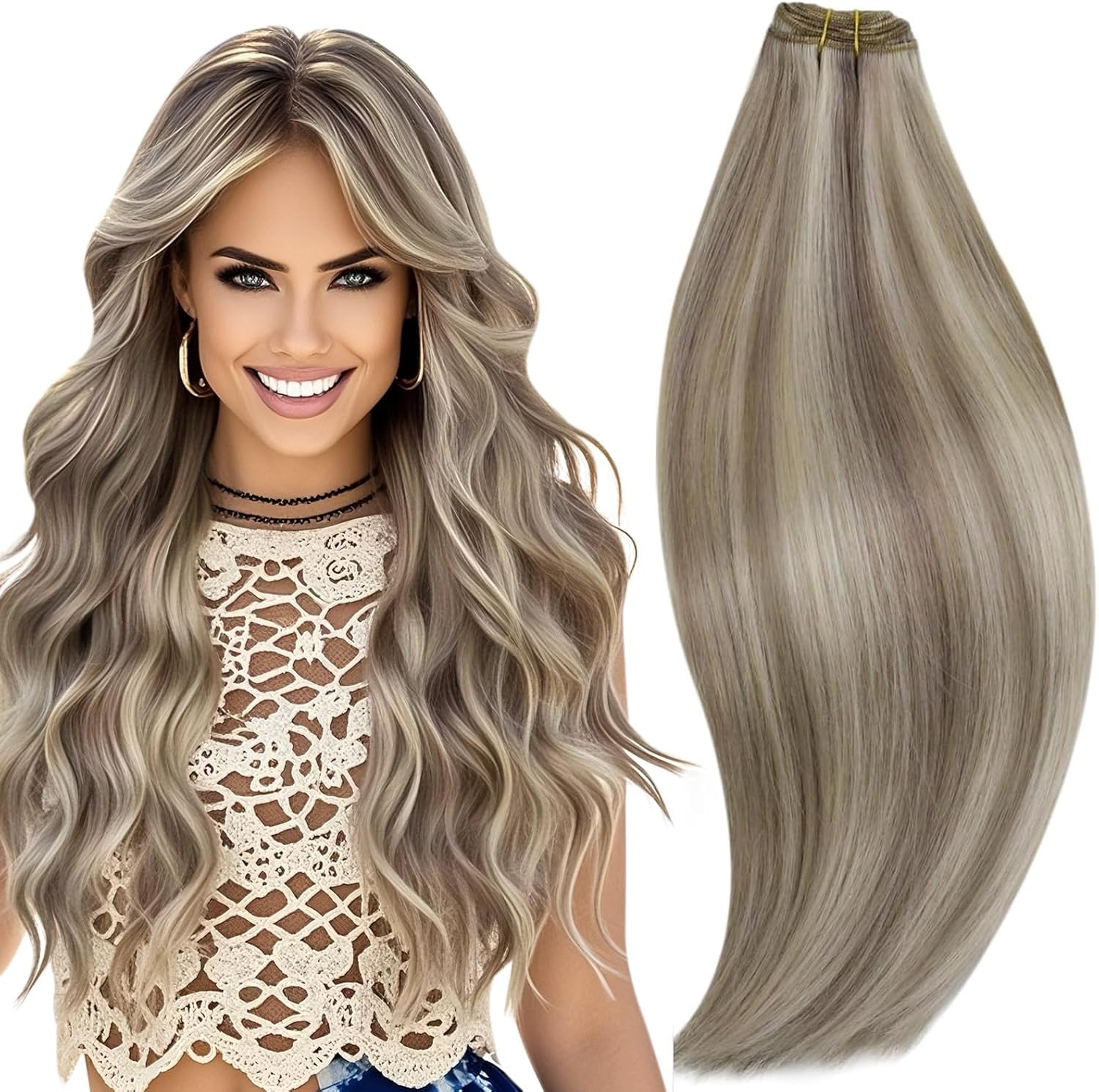 RUNATURE Weft Hair Extensions Real Human Hair Blonde Highlight Grey Blonde Human Hair weft Sew in Hair Extensions 12 Inch #19AP60