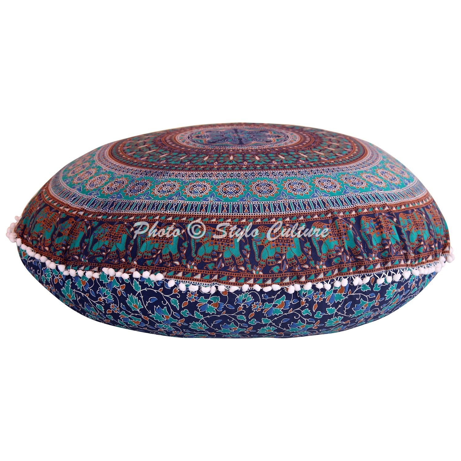 Stylo Culture Indian Bohemian Floor Cushion Ottoman Throw Pillow Cover Colourful 80x80 cm Meditation Mandala Pom Pom Lace Large Round Extra Large 32 Inch Hallway Cotton Elephant Seating Pouffe Cover