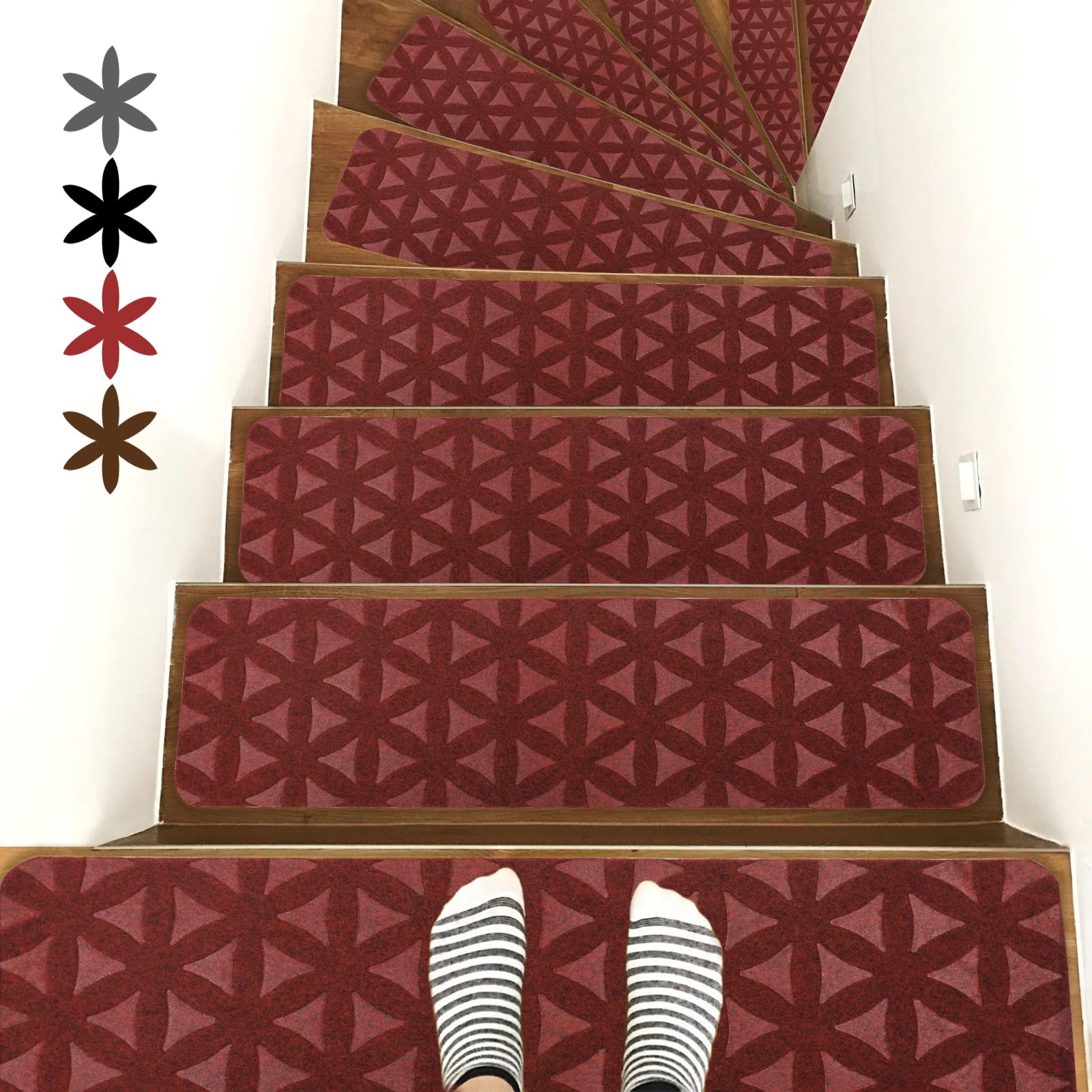 Photo 1 of RIOLAND Non-Slip Carpet Stair Treads for Wooden Steps Indoor, 8" X 30", 15 Pack Peel and Stick Stair Treads Runners for Kids Elders and Pets, Red