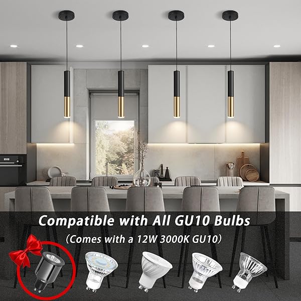 XIYAZG MODERN BLACK AND GOLD PENDANT LIGHT FIXTURE FOR KITCHEN ISLAND, 1-LIGHT PENDANT LIGHTING, LIGHTS CORD ADJUSTABLE, MATCHING GU10 LAMP HOLDER,FOR LIVING ROOM BEDROOM DINING ROOM(3PACK)
