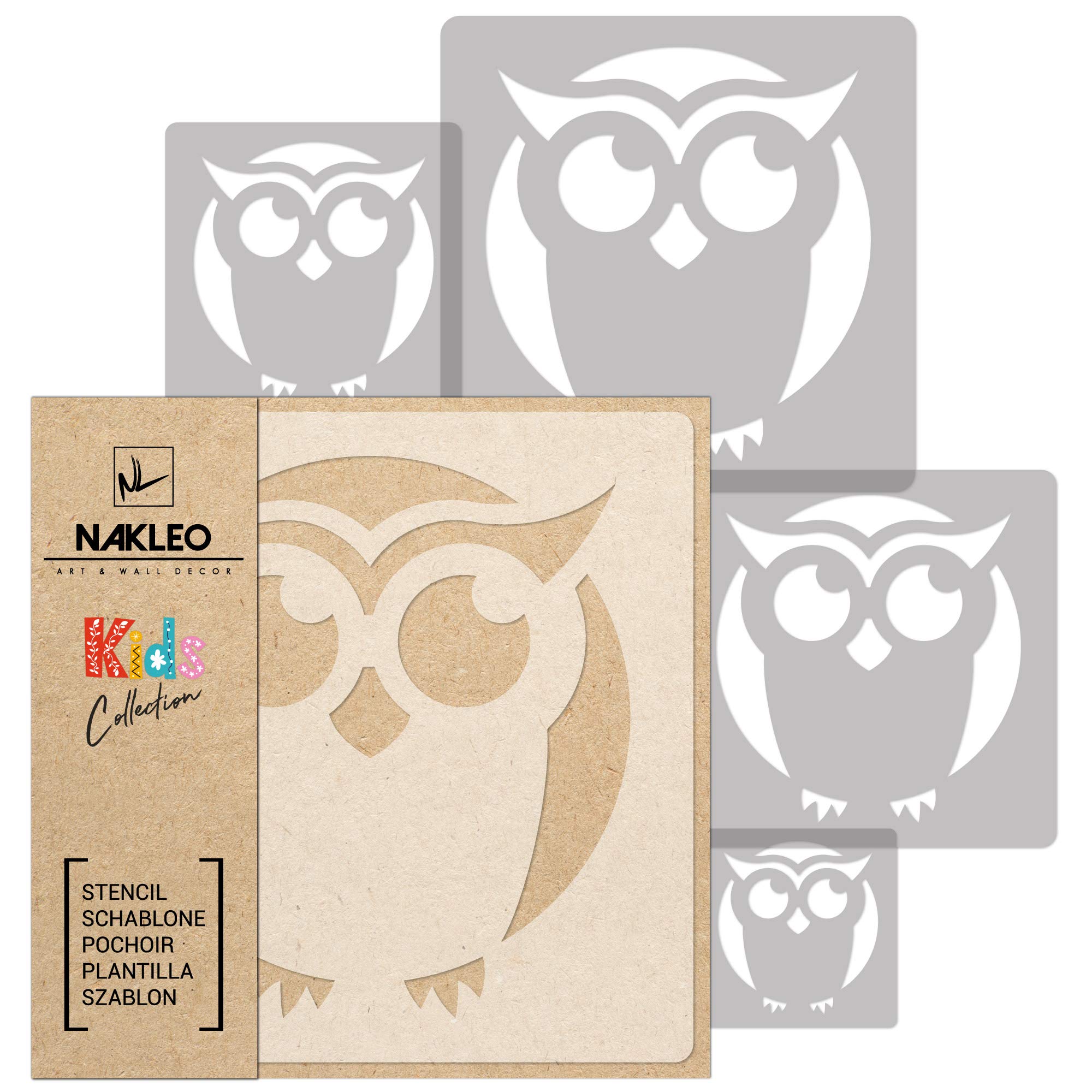 NAKLEO Painting Stencils Set for Kids, 5 Pcs Templates 9x9 to 34x34cm Owl Animal Bird, Plastic and Reusable Drawing Stencils, Children Room Decor, Craft DIY Wall Furniture
