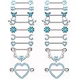 Tornito 9 Pairs Nipple Rings Stainless Steel Heart Butterfly Moon Flower CZ Barbell Tongue Rings Set Cute Nipplerings Piercing Jewelry for Women Pink Silver Tone
